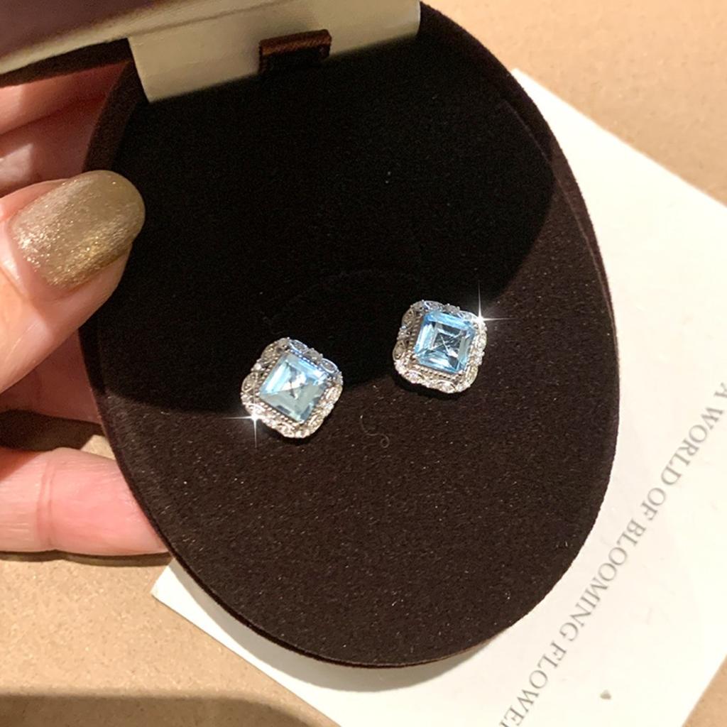 Viral Princess Cut Crystal Earrings, S925 Silver Garnet Studs, Trendy Jewelry