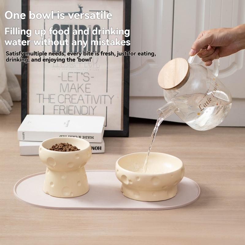 Cute Cheese Ceramic Elevated Pet Bowl Set 3Pcs, Cat Dog Food Water Bowl with Non-slip Mat