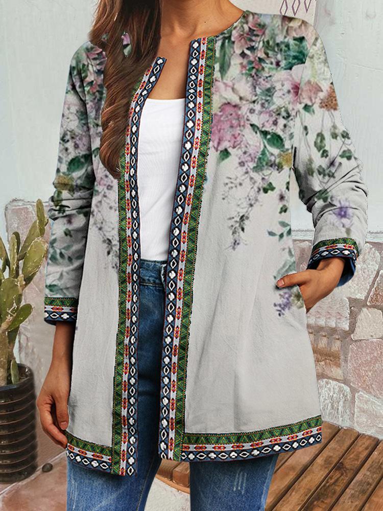 Women's Crew Neck Long Sleeve Cardigan Oversized Vintage Ethnic Print Plus Size Open Front Jacket Casual Outerwear