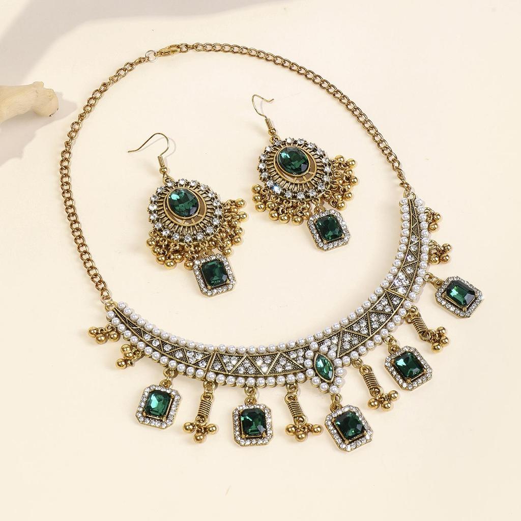 Retro Indian-Style Rhinestone Necklace & Earring Set with Tassel Clavicle Chain