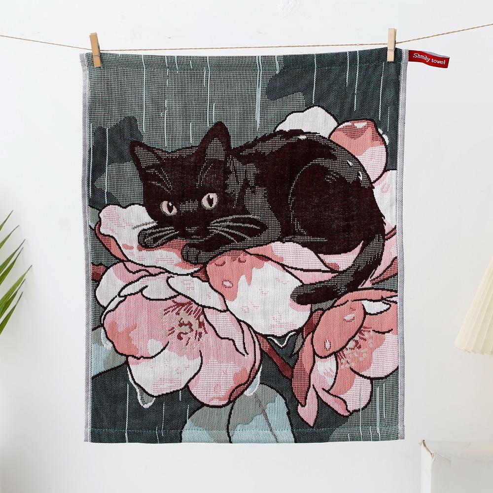 New 34x40cm Large Hand Towel 4 Layer Cotton Gauze Cat Pattern Kitchen Towel Decorative Quick Dry Tea Towel Home Restaurant