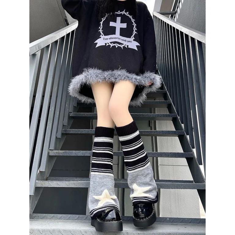 Y2K Lolita Leg Warmers Harajuku Women Winter Red Heart Print Cross Gothic Skull Halloween Skeleton Spider Web Knitted Leg Covers