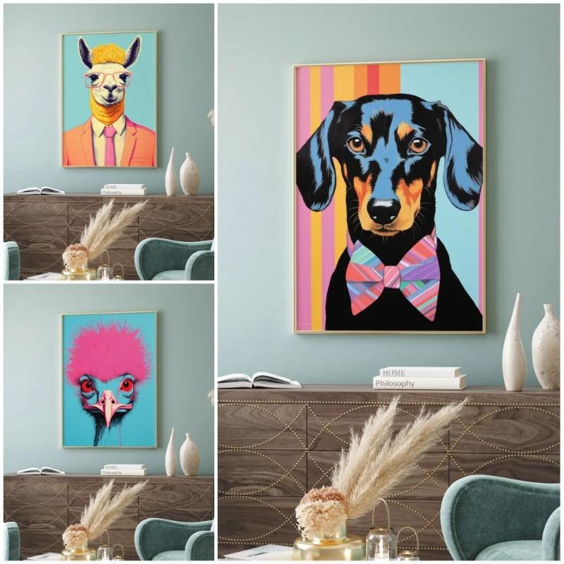 Funny Animal Portrait Wall Art Abstract Prints Dog Fox Duck Alpaca Ostrich Wearing Suit Canvas Painting Home Living Room Decor