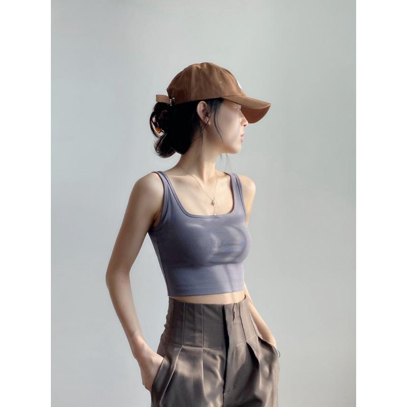 High Stretch with Chest Pad Square Neck Short Vest Women Wear Sleeveless Crop Cotton Halter To Prevent The Bare Bottom