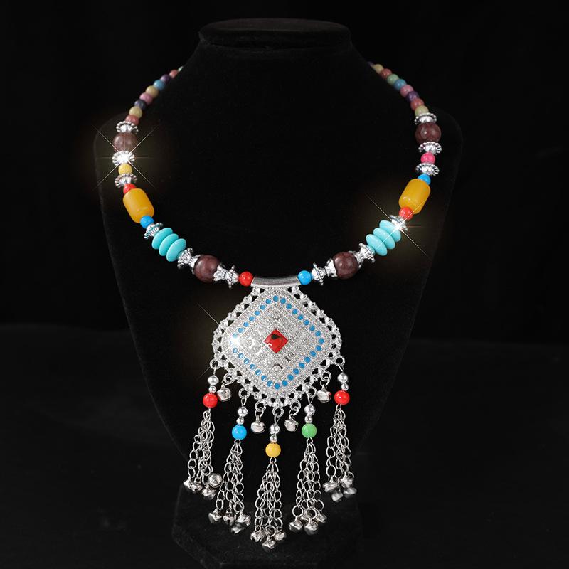 Retro Yunnan Ethnic Style Collar Women's Handmade Imitation Miao Silver Beaded Exaggerated Necklace Set Chain Stall Necklace