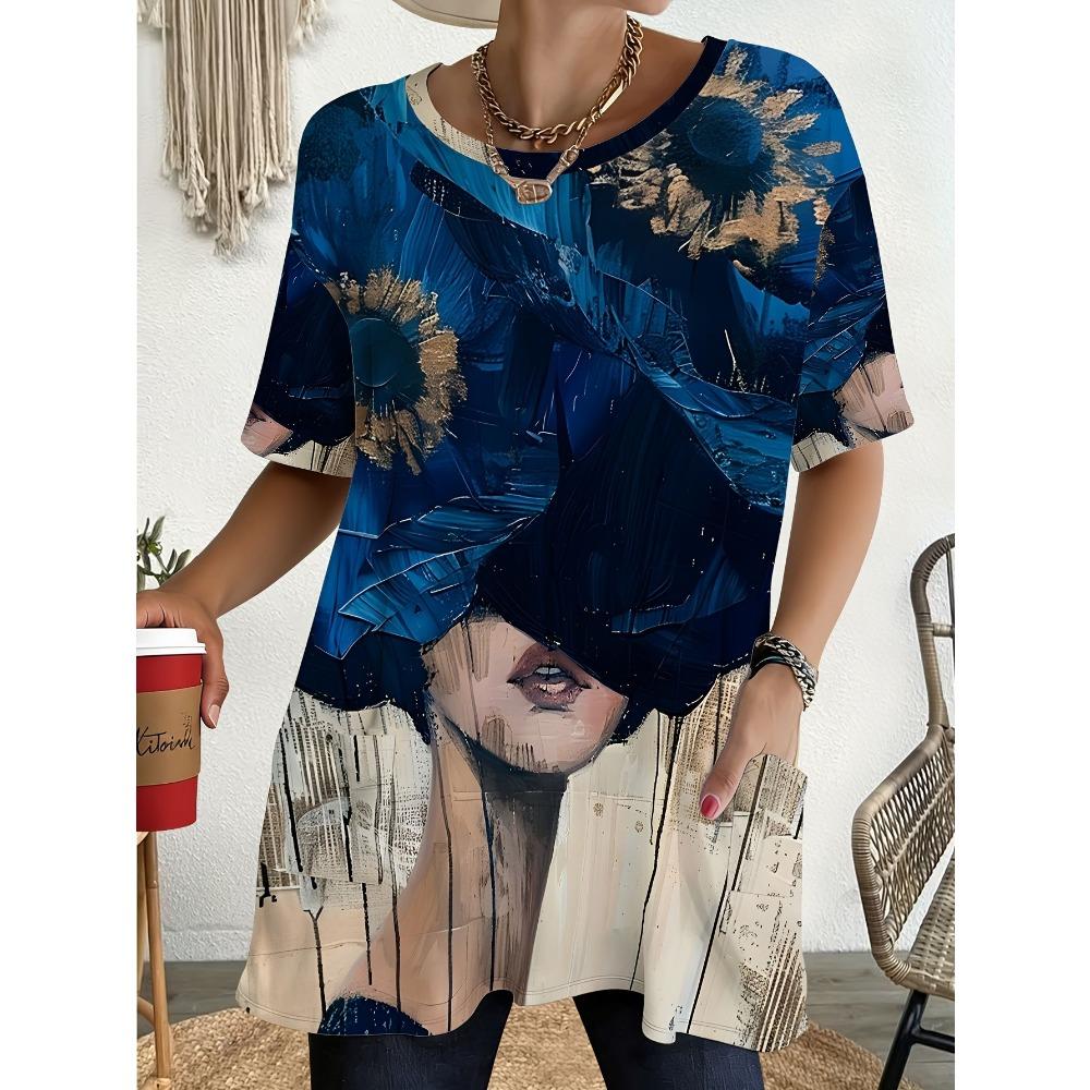 Women's Summer Short Sleeved T-shirt, 3D Printed Pocket T-shirt, Casual Plus Size T-shirt