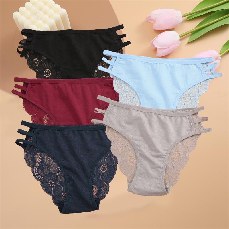 5PCS Women Lace Floral Underpants Sexy Triple Belts Panties Female Low-Waist Perspective Briefs Soft Lingerie Underwear