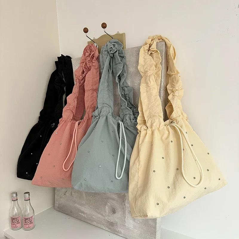 Drawstring Solid Nyl Youth Shoulder Bags New Large Capacity Women's Bags Sale High Quality Casual Versatile Handbags