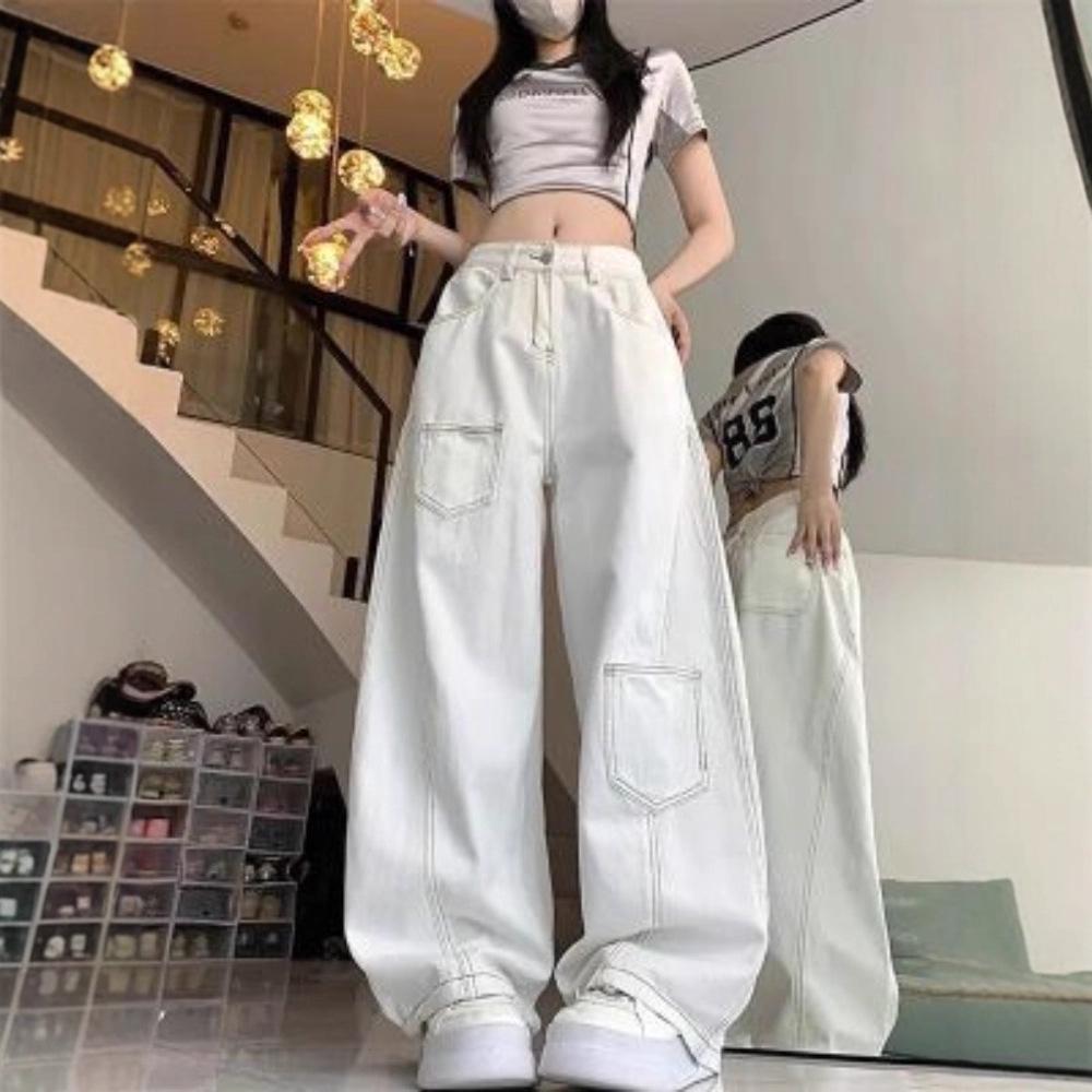 American Retro White High-Waisted Wide-Leg Jeans for Women - Summer High Street Style, Loose and Slimming. S