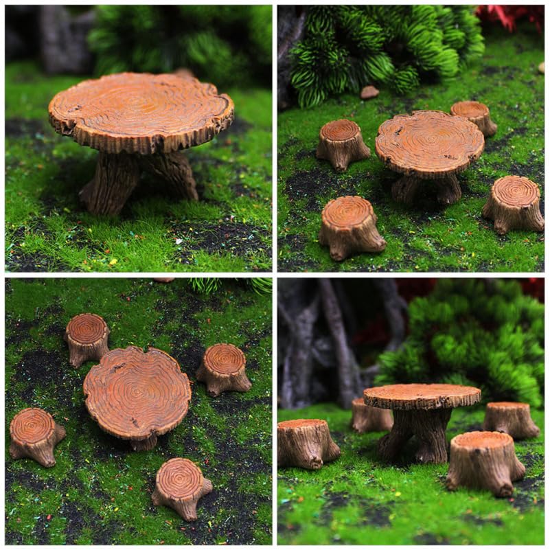 Amosfun Miniature Stump Table and Chair Miniature Model Chair Decorative Mini House Interior Garden Outdoor Resin Set, Figurine, Ornament,