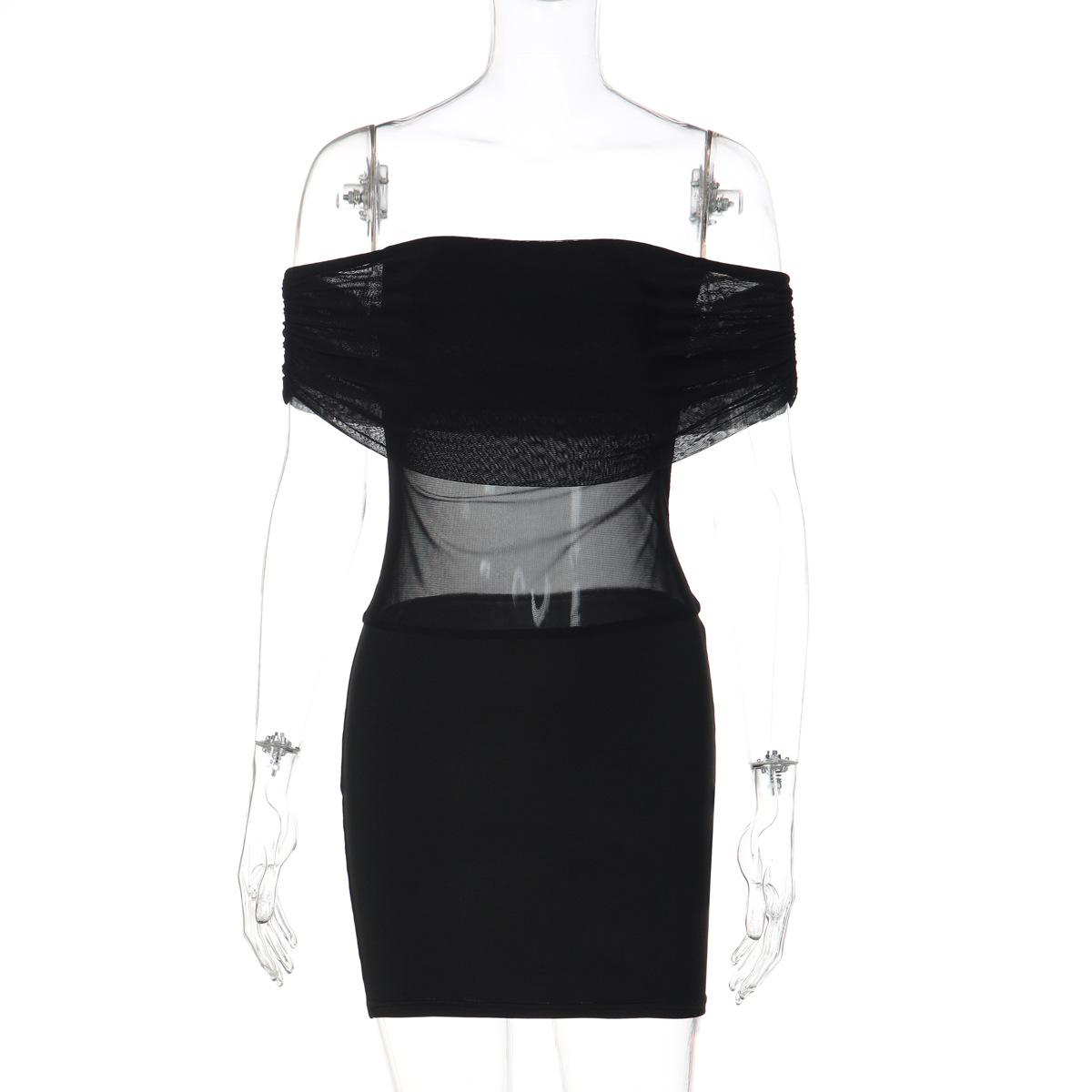 European American Style Women Sexy Off Shoulder Mesh Splicing Slim Bodycon Mini Dress S