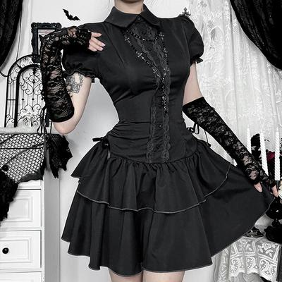 Pure Desire Gothic Lolita Black Dress Lace Trimmed Puff Sleeves Waist Cinching Ruffle Short Dress Victorian Dark Academy Style Party Leisure Outfit