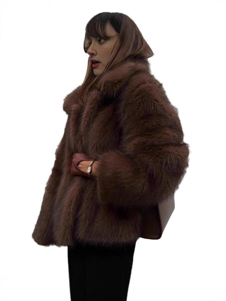 Khaki Faux Fur Long Sleeve Coat - 2025 European/American Autumn/Winter Fashion, Turn-Down Collar, Versatile Style.