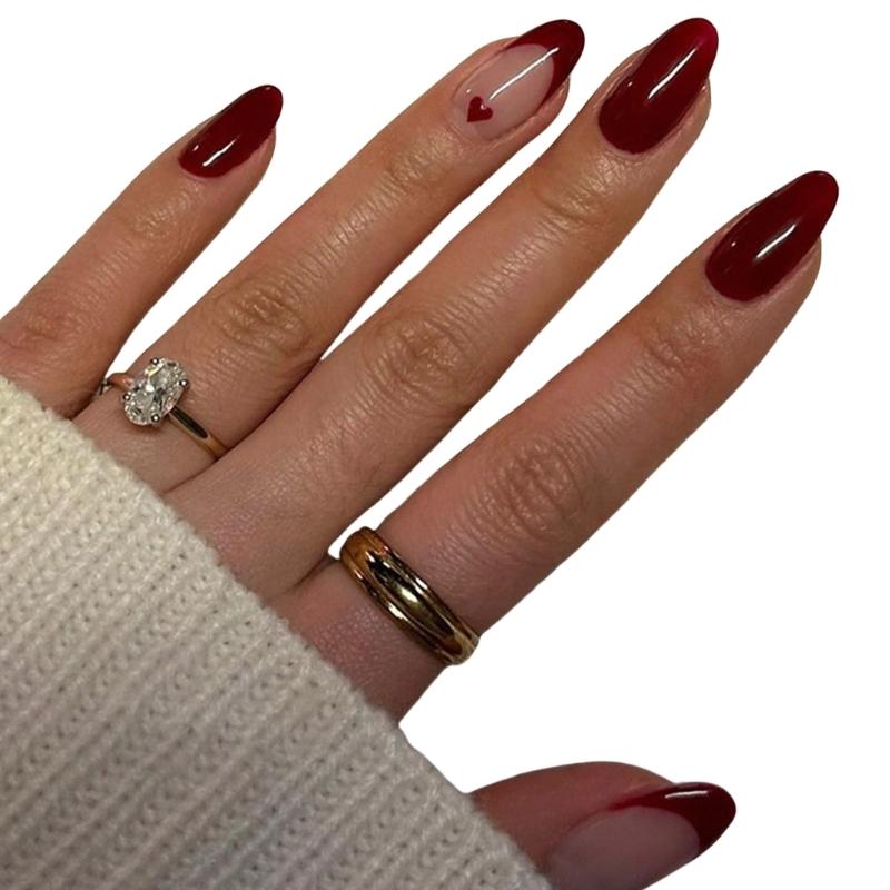 

24Pcs Valentines Day Press On Nail Short Almond French Tips Artificial Nail with Heart Designs Nail Accesories for Women 1