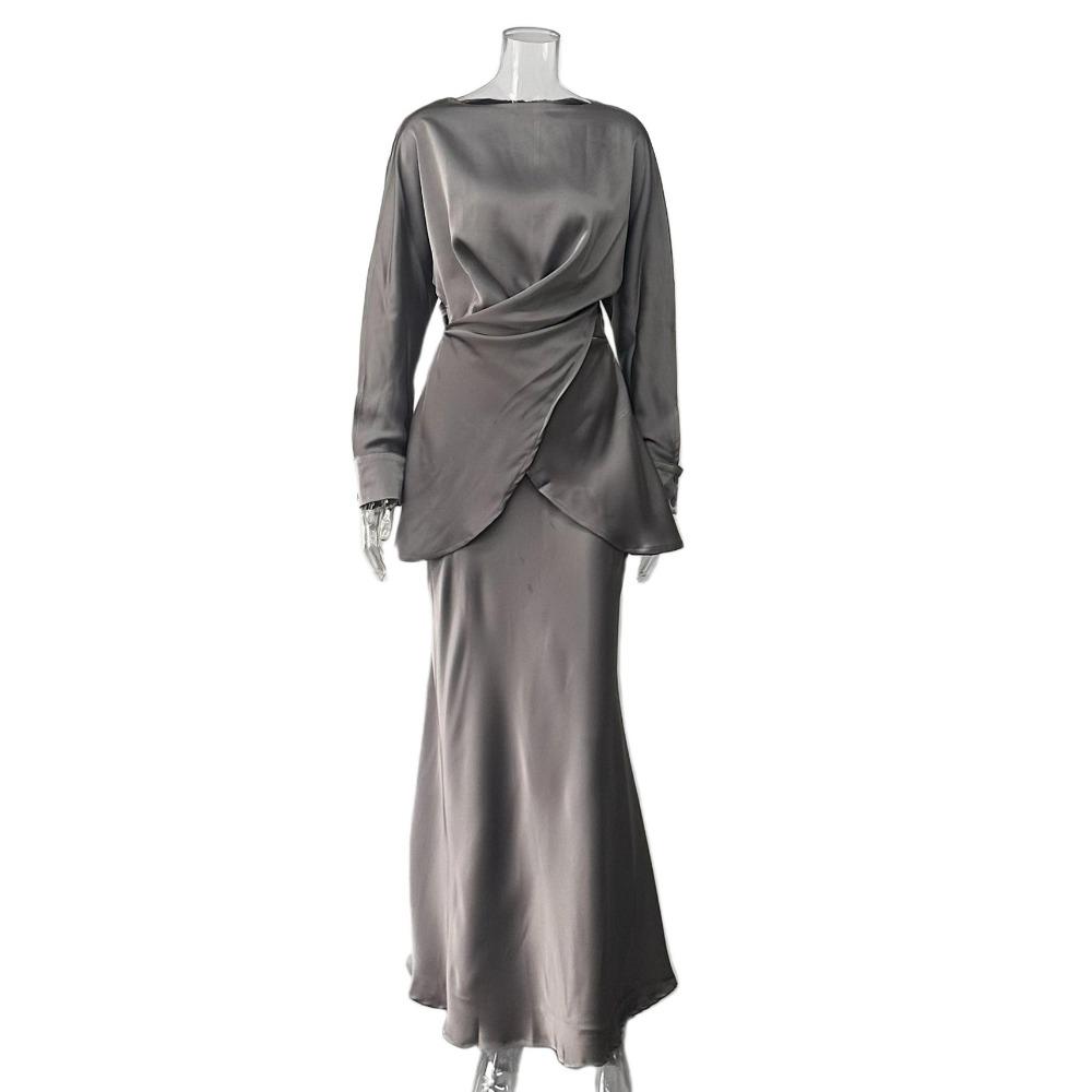 European and American Hot Style Elegant Satin Suit Women's Long Sleeve Tie Top Two-piece Skirt Set