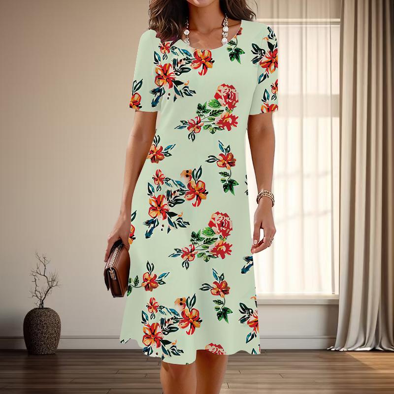 

Женская мода изящные повседневные платья с цветочным и травяным принтом на лето и весну с коротким рукавом и круглым вырезом 4XL зелёный