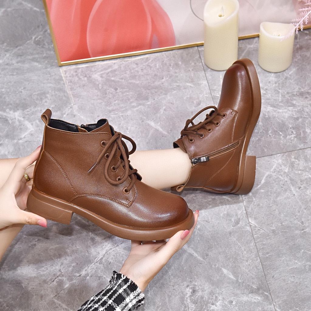 Martin boots women's 2025 autumn and winter new round head flat bottom cowhide short boots comfortable casual British style women's cotton boots lea