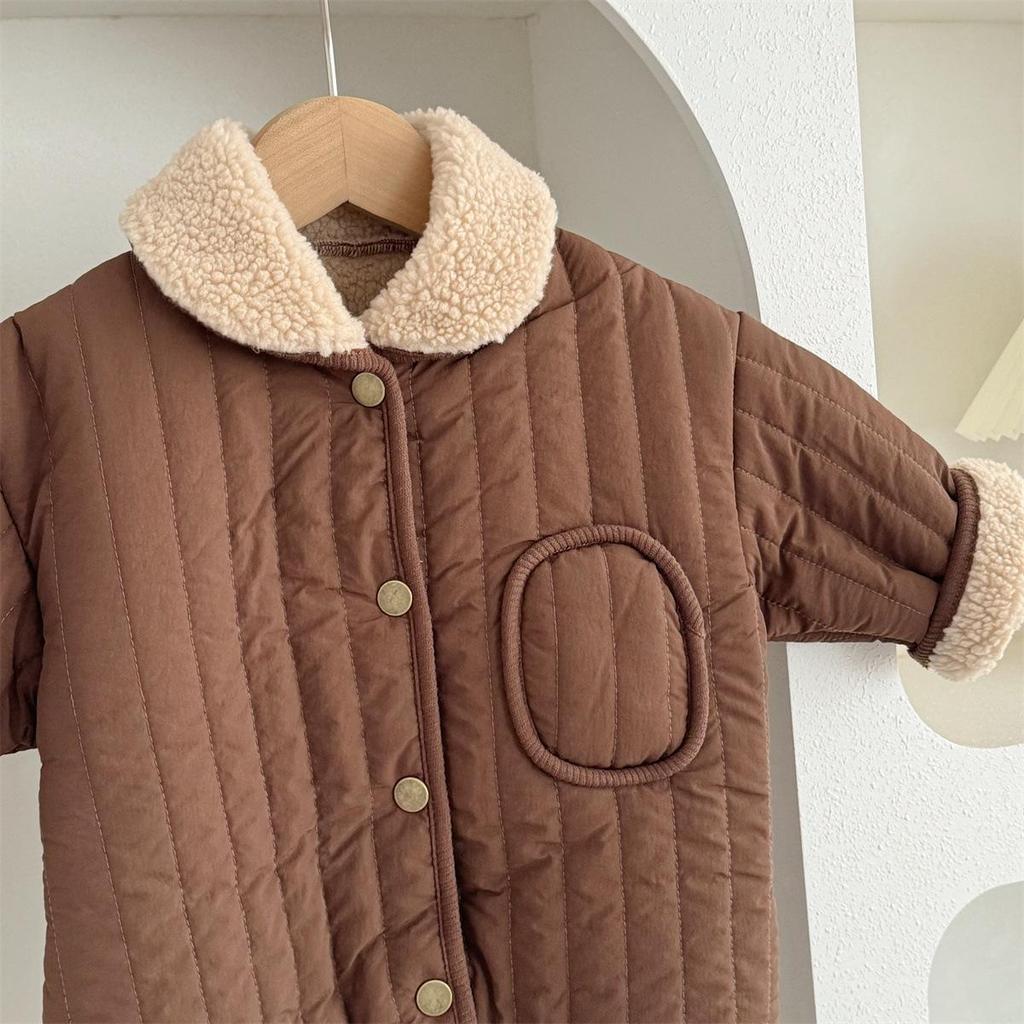 Coffee-Colored Fleece-Lined Baby Romper: Trendy Padded Cotton Jumpsuit for Boys/Girls