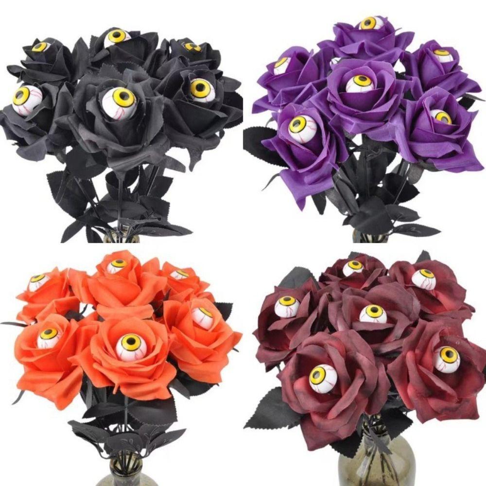 Black Red Roses Artificial Roses Eyeball Design Scary Horror Props Artificial Goth Halloween Home Decor Table Accessories