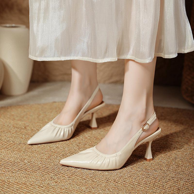 Baotou Sandals Women's Summer 2025 New French Pleated Shallow Mouth Empty Single Shoes Pointed High Heels Women's Stiletto