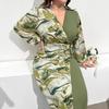 Autumn V-neck Printed Long Sleeve Dress Elegant Women's Colorblocking Plus Size Dress