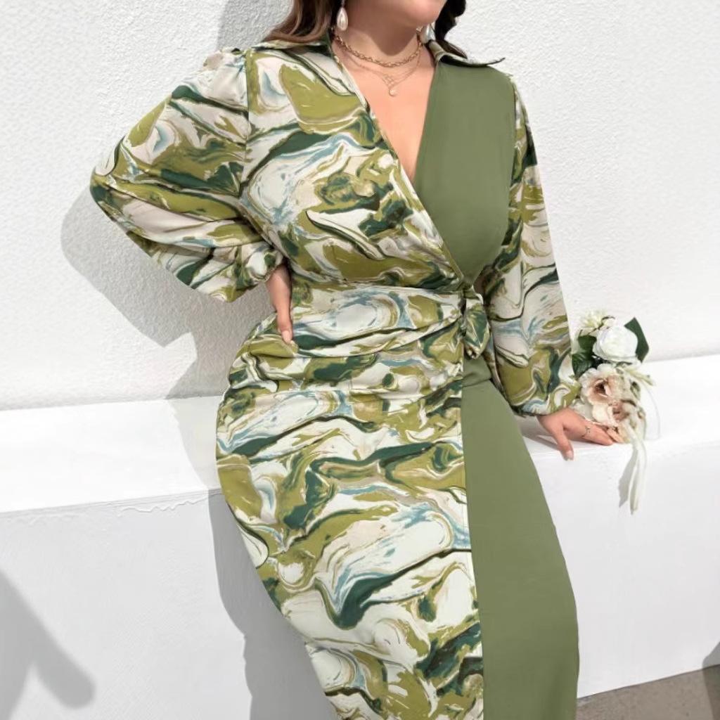 Podzimní šaty s dlouhým rukávem a výstřihem do V, elegantní dámské barevné blokování, plus size šaty