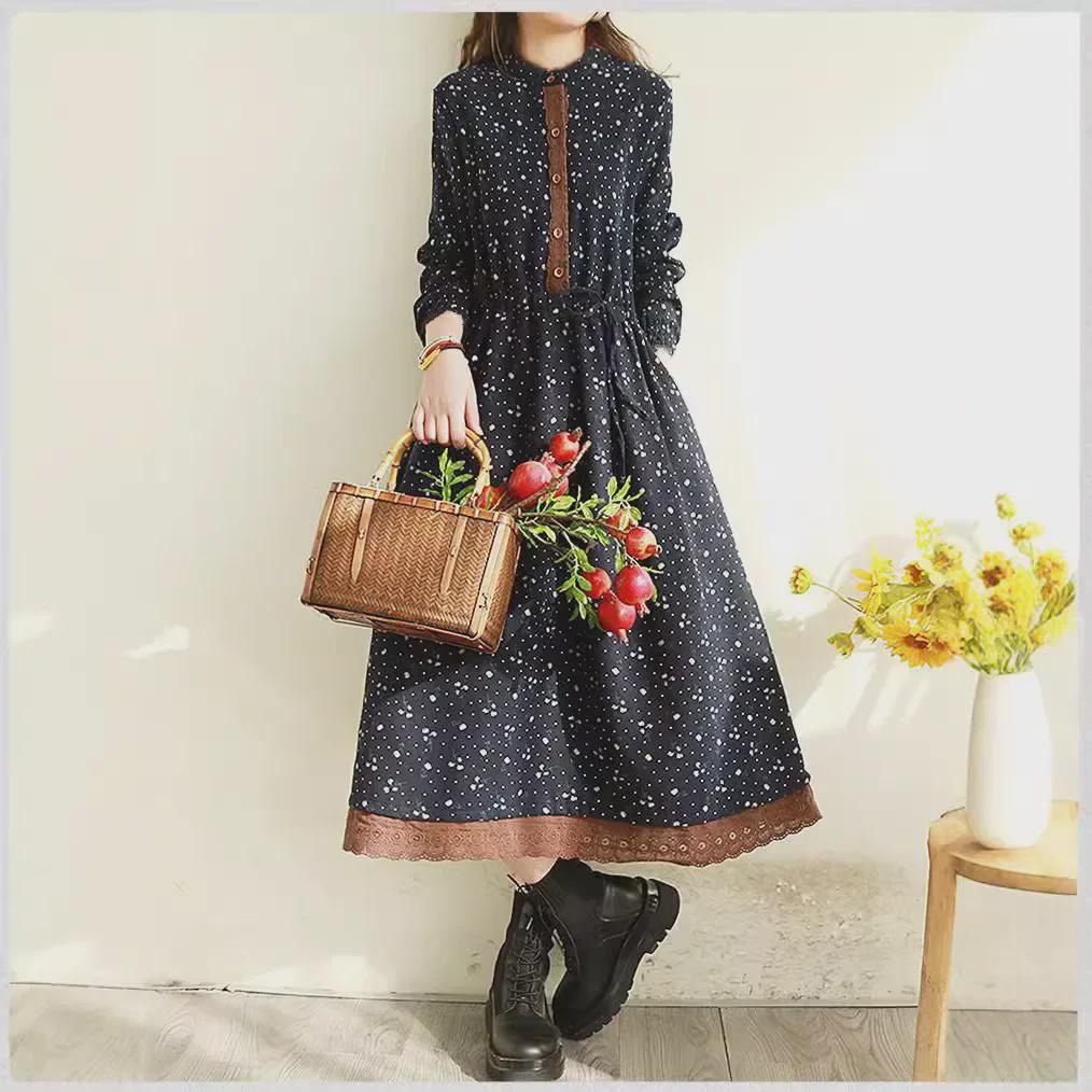 Vestido Maxi Retro Floral con Encaje de Otoño 2024: Adelgazante, Estilo Holgado Forestal