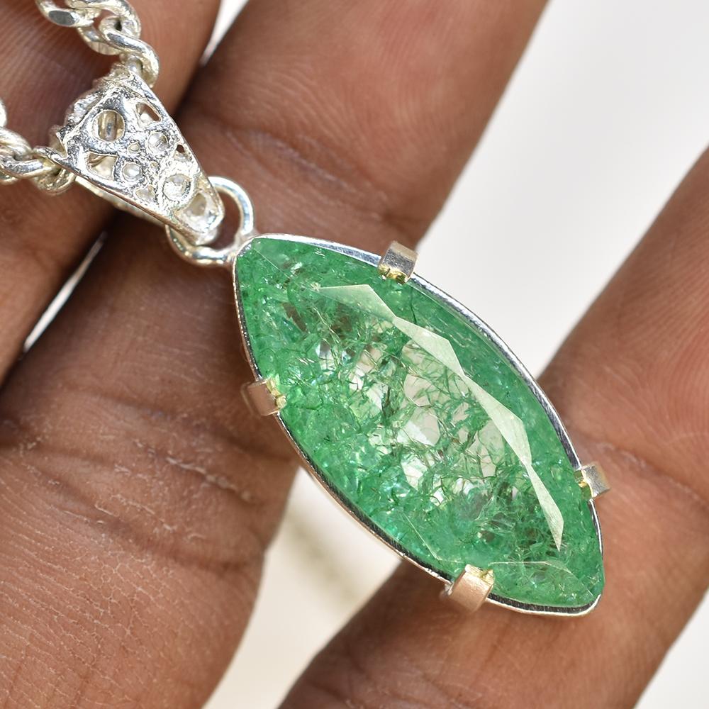 CERTIFIED 925 Sterling Silver 40 Ct Natural Green Emerald Marquise Gems Pendant MY.PD-175-NS