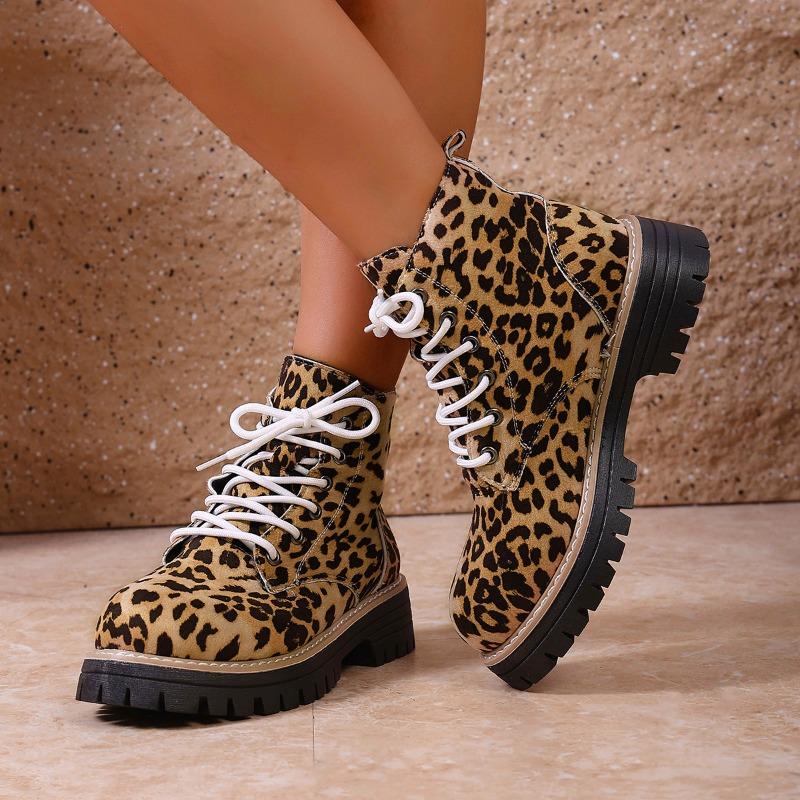 Bottes Martin à Imprimé Léopard Large Largeur pour Femmes, Bottines à Plateforme Color Block, Bottines Confort à Semelle Épaisse Tendance