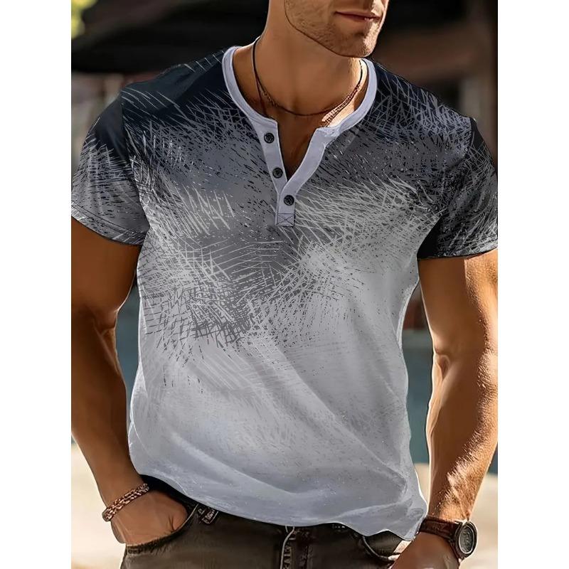 2025 New Men's Daily Casual Striped Gradient Henry Neck Short-sleeved Loose Versatile Pullover