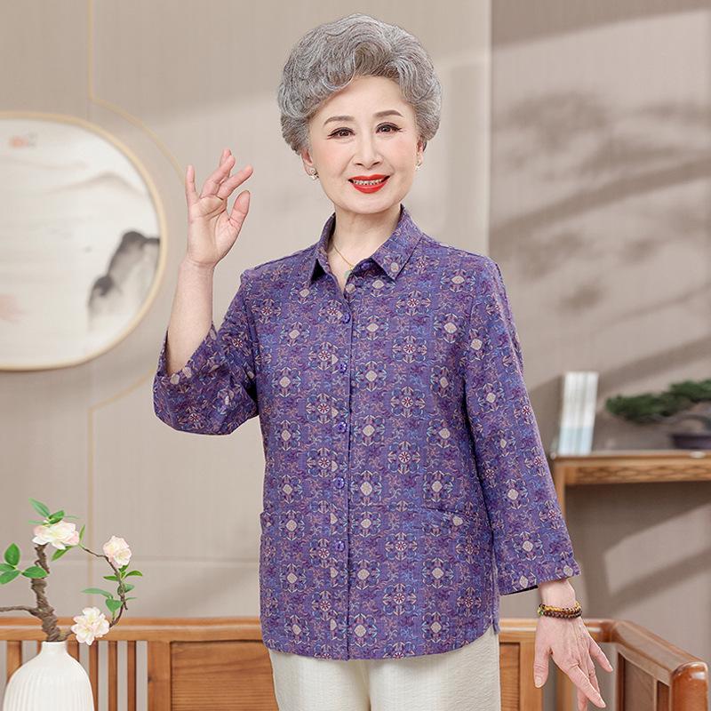 

2026 Spring New Grandma Style Long Sleeve Printed Shirt for Middle-aged and Elderly 3XL (suitable for 57.5-65 kg) фиолетовый