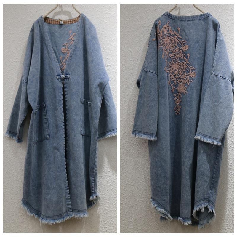 Johnature Women Vintage Embroidery Floral Coats V-Neck Long Sleeve Patchwork Pockets Autumn Women Coats
