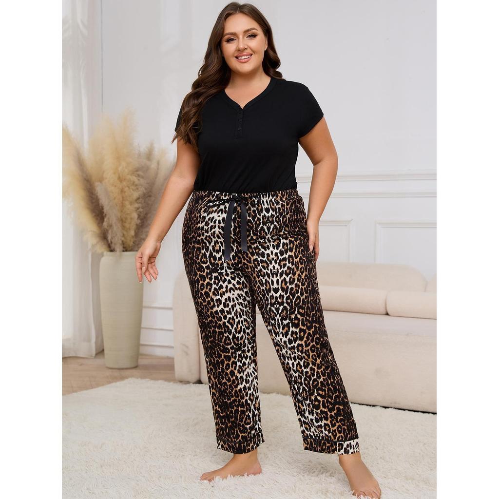 Women's Plus Size Spring/Summer Pajamas - Short Sleeve Top & Long Pants Homewear
