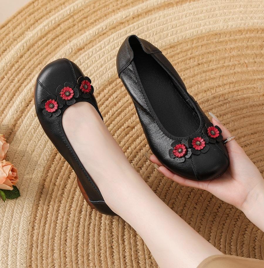 Fashion Newest floral real leather flats women's shallow mouth shoes woman flat heel moccasins ladies soft vintage driving flats loafers