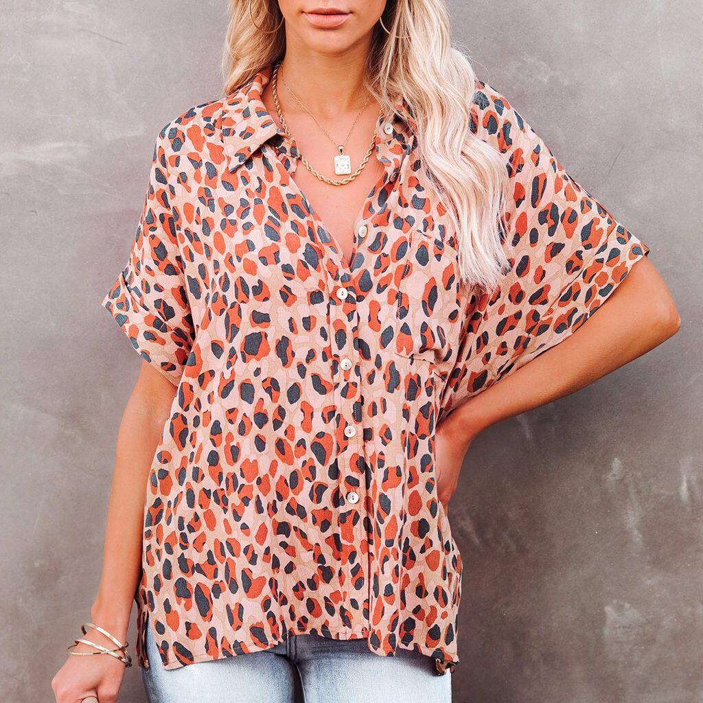 Women Casual Stripe Print V-neck Pocket Short  Sleeve Tops Blouse T-shirt