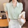 Elegant Fashion Ladies Beading Polo-Neck Solid Short Sleeve Shirt Tops Women's Clothing Summer Single-breasted Chiffon Blouses
