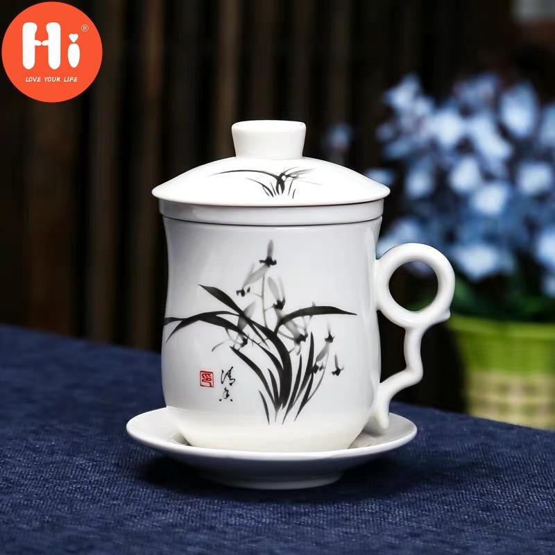 Hi Blue and White Porcelain Office Teacups with Lid Filter Creative Ceramic Hand-Painted Water Cups Household Drinkware Gifts