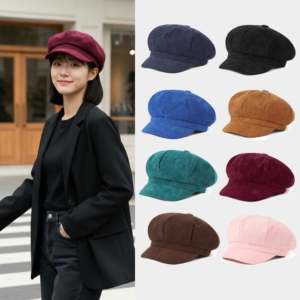 Korean Version Solid Color Corduroy Female Painter's Hat British Retro Octagonal Hat Gorras Para Mujer