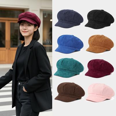 Korean Version Solid Color Corduroy Female Painter's Hat British Retro Octagonal Hat Gorras Para Mujer