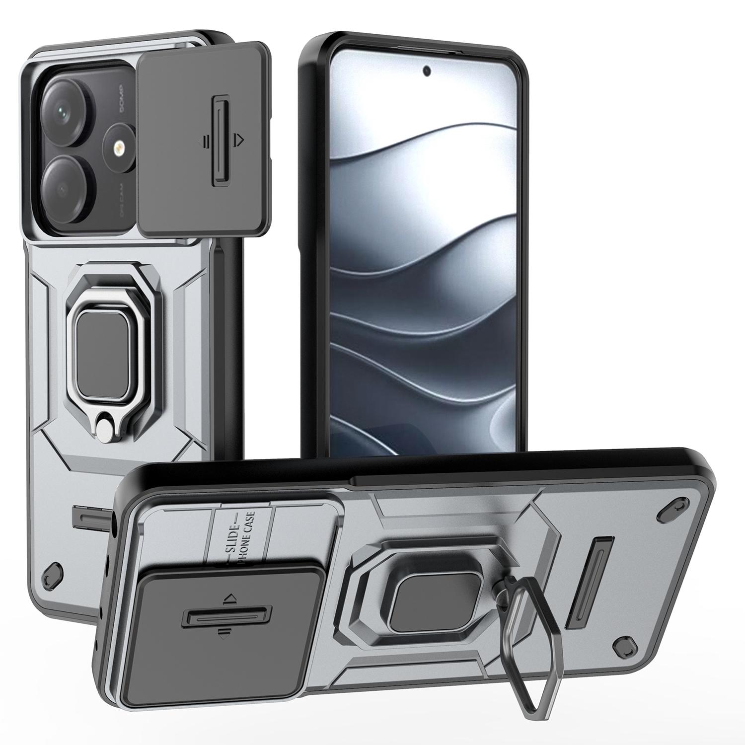 

For Xiaomi Redmi Note 14 5G Case PC+TPU Kickstand Phone Protector with Lens Cover Grey