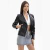 European Women's Beaded Leather Motorcycle Jacket - Long Sleeve, Lapel, Thin Fashion for Spring and Autumn 2023