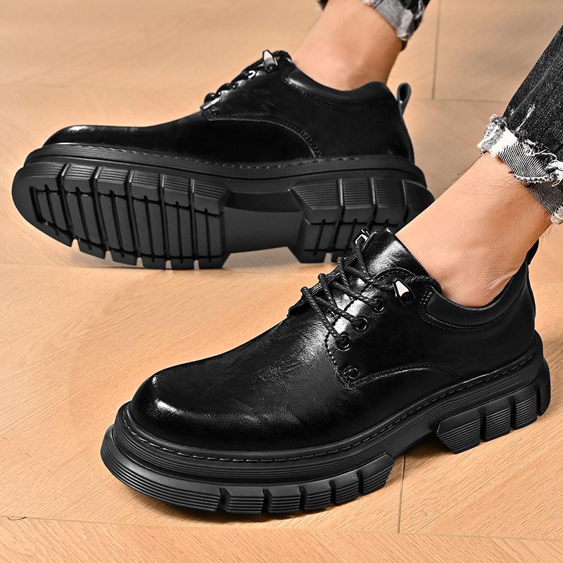 Men's Shoes Autumn British Business Dress Casual Leather Shoes Work Thick Bottom Extra Height, Black Big Head Fashion Shoes