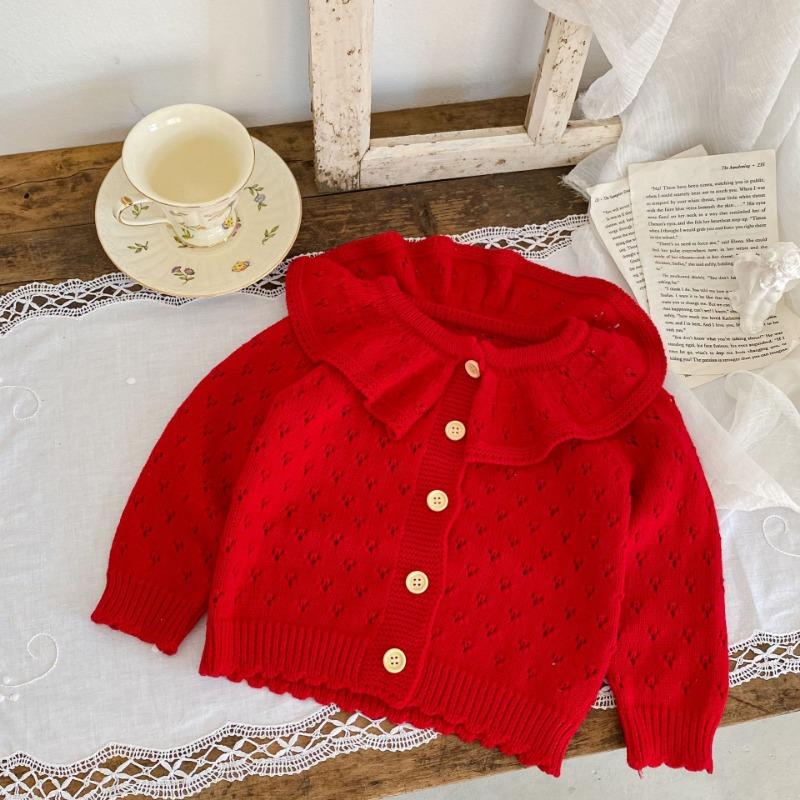 Autumn and Winter Baby Girl Knitted Cardigan Lotus Collar Hollow Long Sleeve Sweater Coat