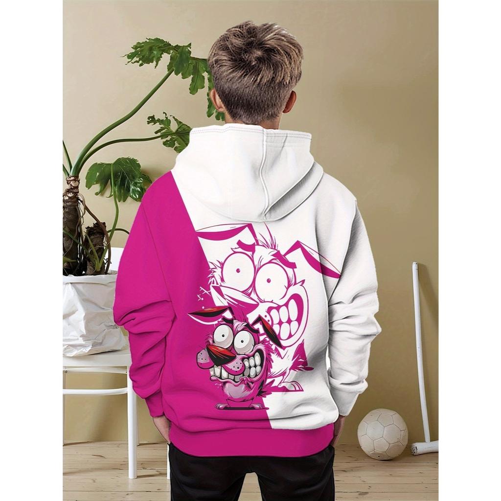 Boys' Two Tone Hooded Sweatshirt with Pink and White Cartoon Animal Print, a Must-have for Casual Wear In Spring and Autumn