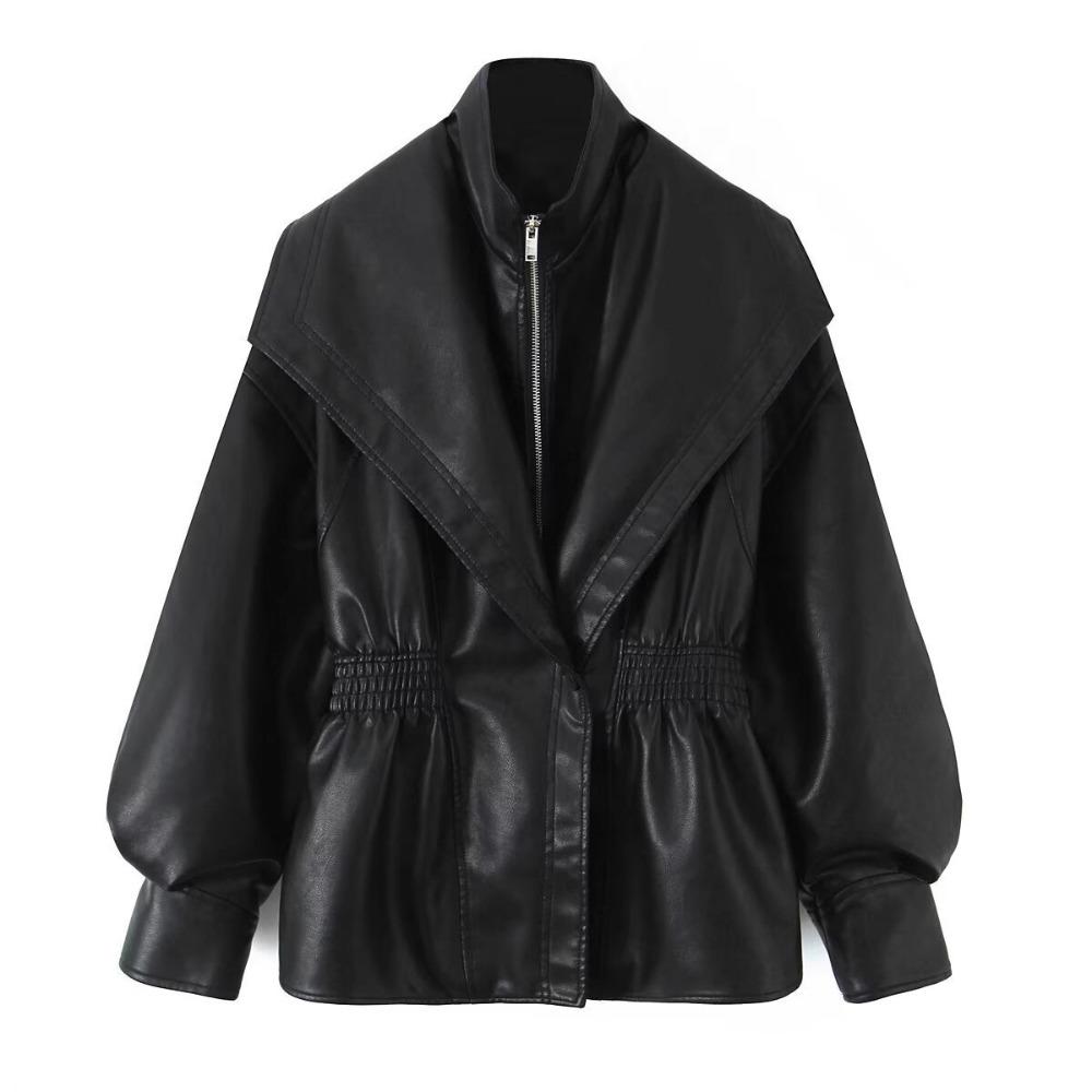 Women PU Leather Jacket Wide Lapel
