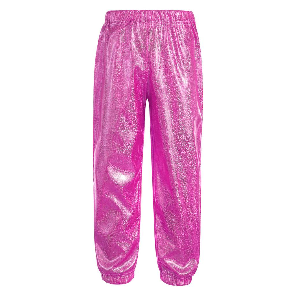 Unisex Kids Shiny Metallic Pants Elastic Waistband Trousers Unisex Dancewear Stage Outfit