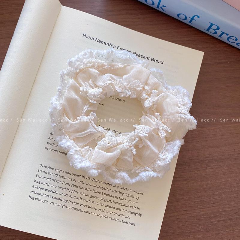 French Lace Floral Blue Bow Large Intestine Hair Band Hair Rope Headband Flower Ball Head Hair Accessories Rubber Band