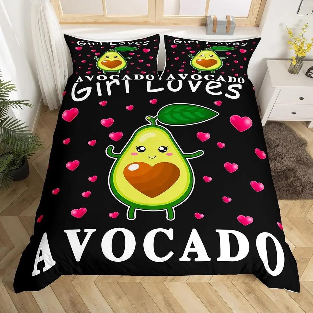 Fruit Duvet Cover Collection Cute Cartoon Avocado Decor 3 Piece Bedding Collection With 2 Pillow Shams Queen King Full Size Paprika Green