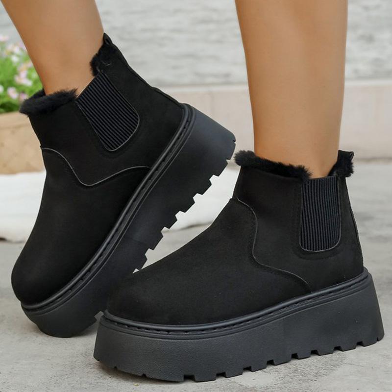 Fashion British Style Solid Color Platform Snow Boots Women Winter Soft Short Plush Warm Ankle Boots Woman Faux Suede Booties Female