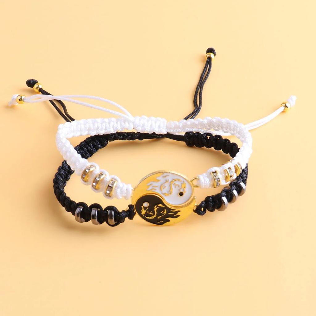Jewelry Set Tai Chi Couple Bracelet Black White Rope Adjustable Chain Set Simple Style Daily Wear Friendship Jewelry Gift